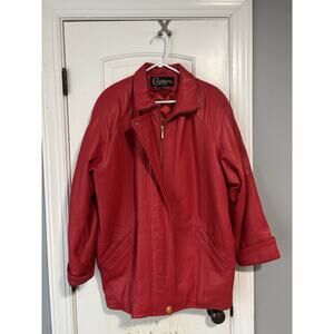 Colebrook & Co Leather Coat Jacket Women's Large‎ Long Sleeve Lined Pocket Red